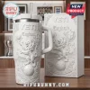 White Yeti tumbler with embossed England football design featuring a lion, soccer ball, and stadium graphic.!
