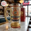 Clear glass beer stein with ornate gold FC Bayern Munchen crest logo text and Allianz Arena base graphic!