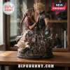 Detailed Final Fantasy VII 30th Anniversary statue featuring Cloud & Aerith, retro cyberpunk city, white lilies, earthy tones!