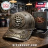 Dark bronze Five Finger Death Punch hat with metallic skull, FDP brass knuckles emblem, 'Europe 2027' and distressed finish!
