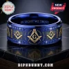 Bold blue gold Masonic ring with square and compasses G, Eye of Providence, blue gemstones, text 