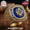 Gold Freemason ring with blue stone, square and compass symbol, and Faith Hope Charity text engraving!