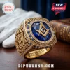 Gold Freemason ring with blue stone, square and compass symbol, text Freemason and Faith Hope Charity!