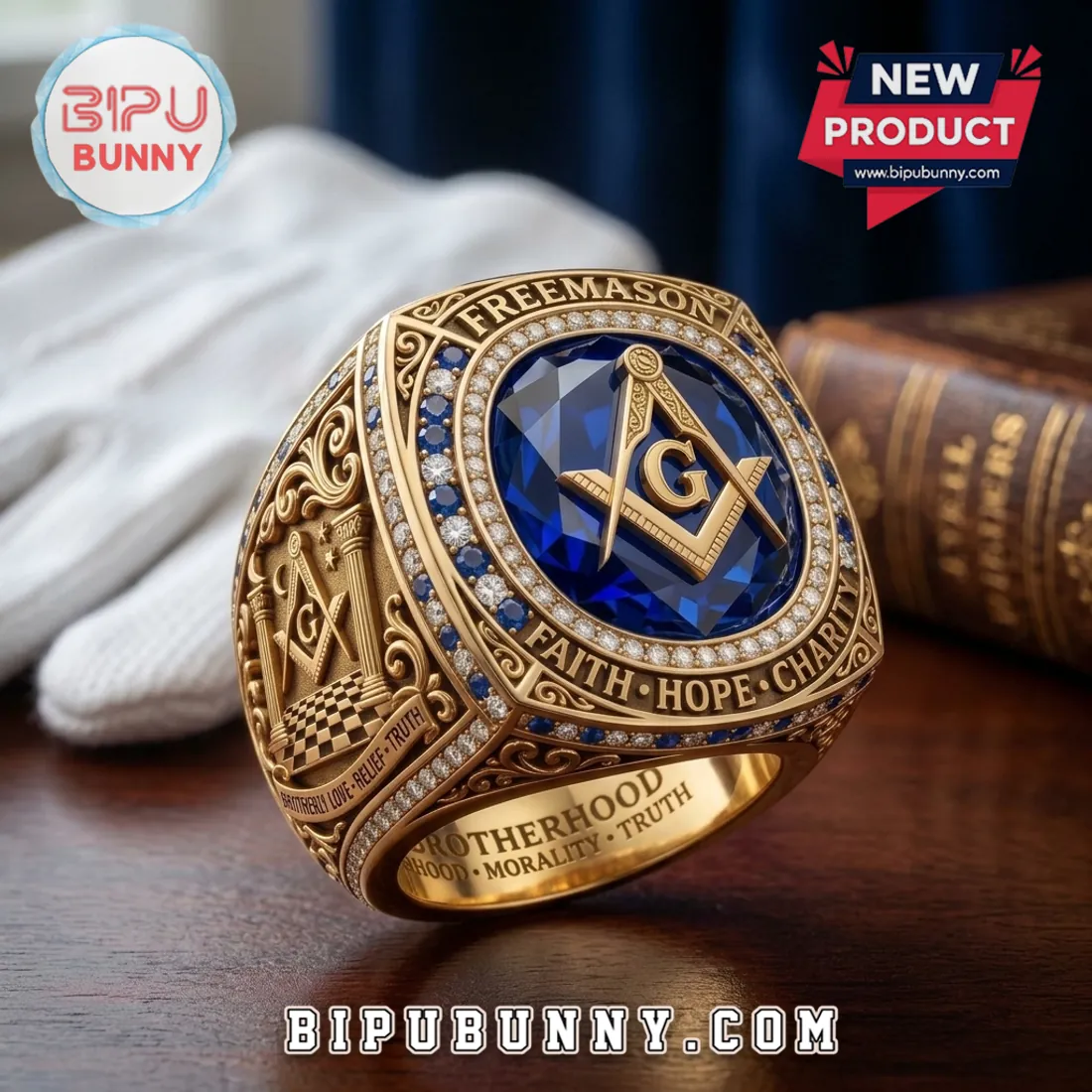 Freemason Gold Blue Sapphire Diamond Brotherhood Emblem Ring Freemason Gold Blue Sapphire Diamond Brotherhood Emblem Ring