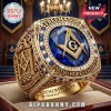 Gold Freemason ring with blue sapphire center stone square and compass symbol and Faith Hope Charity text engraving!