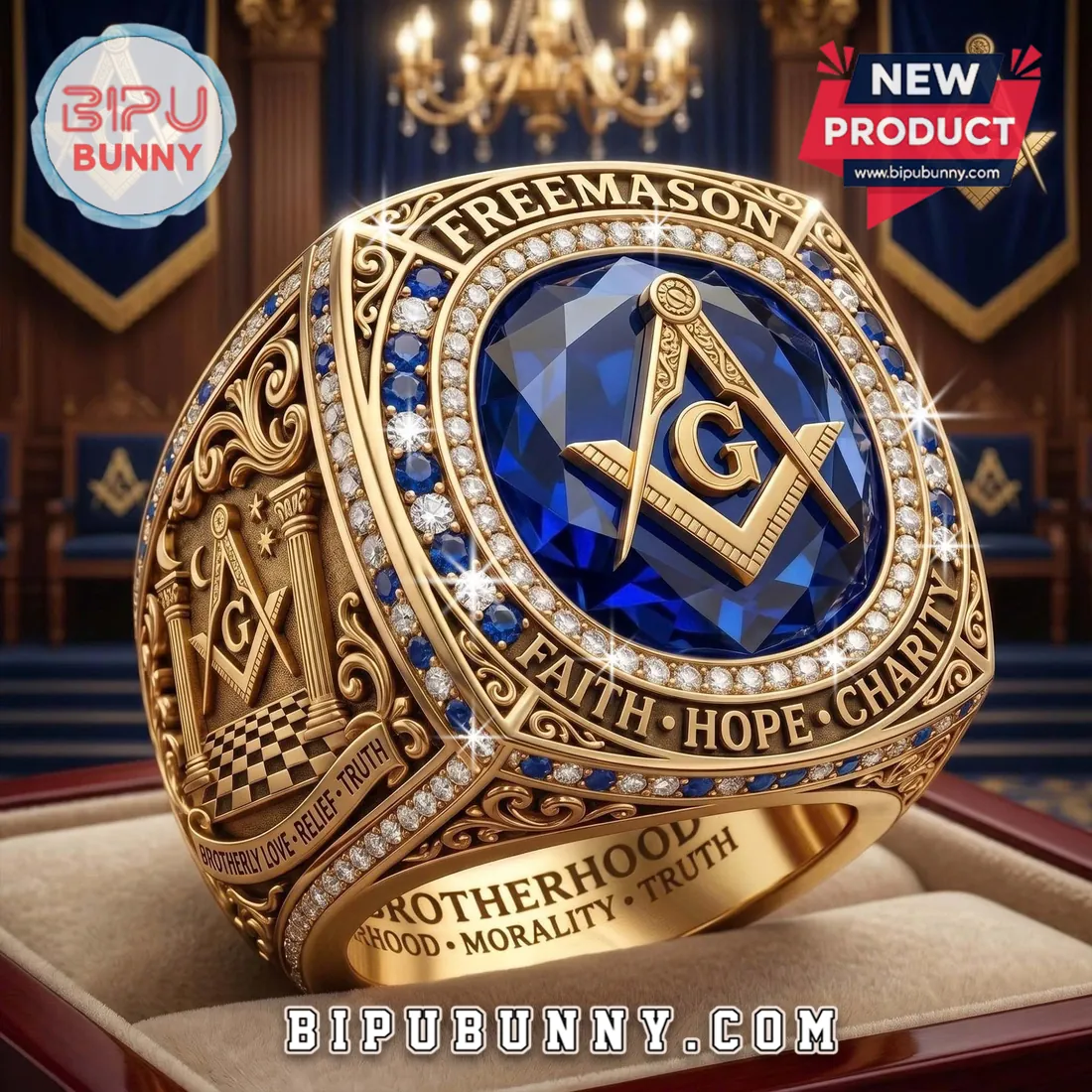 Freemason Gold Blue Sapphire Diamond Brotherhood Emblem Ring Freemason Gold Blue Sapphire Diamond Brotherhood Emblem Ring