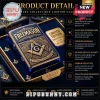 Blue and gold collectible lighter case, ornate vintage Masonic design with compass, square, and G symbol, text FREEMASON BROTHERHOOD WISDOM LEGACY!