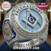 Ornate silver Masonic ring with blue accents, clear and light blue gemstones! Features Square & Compass with G and All-seeing Eye! Text: FREEMASONRY, FRATERNAL ORDER, EST. 1717, FAITH HOPE, FREEMASON!