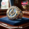 Ornate gold and blue Masonic ring, square compass G, Eye of Providence symbols! Reads 