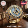 Gold Masonic ring with blue enamel, light blue gems! Features Square & Compasses 'G', 'FREEMASONRY FRATERNAL ORDER EST. 1717', 'FREEMASON'!