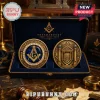 Display ornate gold Masonic coins in a blue velvet box! Features compass, square, G, All-Seeing Eye, 'FREEMASONRY', 'AUDI VIDE TACE' text!