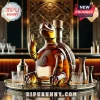 Amber colored glass turtle decanter showing a middle finger gesture on a silver serving tray with whiskey glasses!
