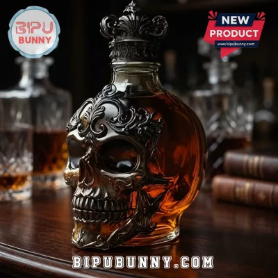 Gothic Crowned Skull Ornate Glass Home Bar Liquor Whiskey Decanter