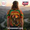 Tie-dye t-shirt featuring Groovy Hippie text, skeleton on a motorcycle, sunflowers, and Grateful Dead imagery.!