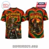 Tie-dye Grateful Dead t-shirt with skeleton biker graphic, Groovy Hippie text, and sunset design in red, green, and orange!