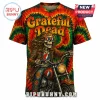 Tie-dye Grateful Dead t-shirt with skeleton rider graphic, retro font, and red, yellow, and green spiral pattern!