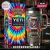 Grateful Dead Yeti tumbler with tie dye pattern, skull logo, guitar neck graphic, and What A Long Strange Trip text!