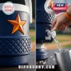 Hand pouring water from a blue cooler into a metal cup!