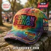Tie-dye distressed baseball cap with Human Beings text and rainbow pride patches!