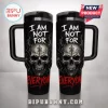 Black stainless tumbler featuring a skull graphic with white text I AM NOT FOR and red text EVERYONE in distressed font!