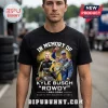 Black t-shirt featuring Kyle Busch Rowdy In Memory Of 1985-2026 design with racing imagery and yellow smoke background!