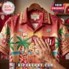 Red button-up shirt with Indiana Hoosiers logos, basketball, and beach graphics in a tropical retro style print!