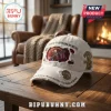 Distressed white baseball cap with Iron Maiden Eddie, Union Jack flag, 'A TRIBUTE TO 50 YEARS OF METAL' and 'Run to the Hills' text!