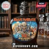 Iron Maiden 50th Anniversary bottle with Eddie graphic skull cap, featuring colorful pyramid and city art.!