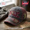 Distressed charcoal and red baseball cap featuring Iron Maiden artwork and 50 years of metal embroidery text!