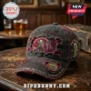 Distressed black red vintage baseball cap featuring Iron Maiden Eddie, Union Jack, '50 Years of Metal', 'Run to the Hills' text!