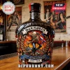 Black Crown Royal bottle featuring Iron Maiden Eddie artwork with flames and 51st anniversary text 1975-2026!