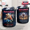 Iron Maiden Run For Your Lives 2026 laundry hamper with blue monster graphic and tour dates on dark fabric background!