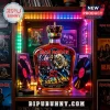 Iron Maiden The Number of the Beast 50th Anniversary glass liquor bottle with crown topper and vintage metal music posters!