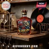 Iron Maiden The Number of the Beast 50th anniversary liquor bottle with crown topper on a rustic shelf!