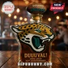 Glass liquor decanter with Jacksonville Jaguars logo, text DUUUVAL! 1995-2025 30th Anniversary and football stopper!