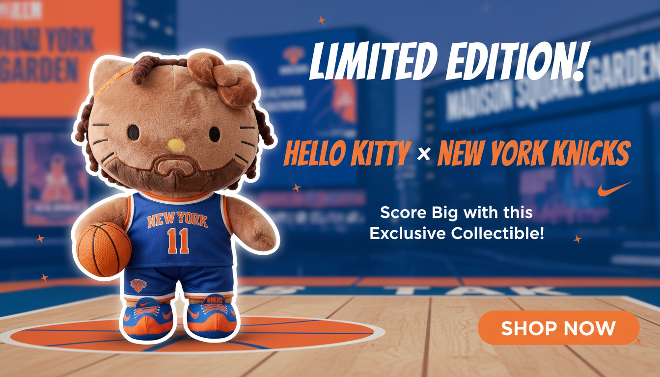 Hello Kitty x New York Knicks Jalen Brunson plush doll limited edition banner