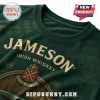 Dark green t-shirt with gold Jameson Irish Whiskey logo and crest print featuring 1780 and Sine Metu text!