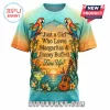 Tropical t-shirt with text Just a Girl Who Loves Margaritas and Jimmy Buffett Fins Up featuring parrots and guitar art!