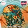 Tropical parrot t-shirt print with sunset ocean background, butterflies, flowers, and Fins Up text in retro style colors!