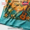 Tropical Jimmy Buffett t-shirt with margarita glass, ukulele, sunset, and floral print on turquoise fabric!