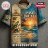 Jimmy Buffett t-shirt with parrot, guitar, and sunset beach scene, vintage aesthetic with 1977 text in blue and gold!