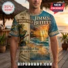 Jimmy Buffett vintage style t-shirt with parrot, guitar, beach sunset, and 1977 Margaritaville text on blue and tan background!
