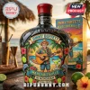 Jimmy Buffett Margaritaville tribute liquor bottle with palm trees, guitar, hibiscus flowers, and parrots on beach background!