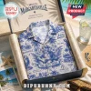 Blue and white tropical print button-up shirt featuring Jimmy Buffett illustrations, palm trees, parrots, and Island Time text!