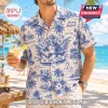 Blue and cream vintage toile print shirt with Jimmy Buffett island graphics palm trees and Margaritaville text!