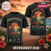 Black Margaritaville t-shirt with parrot, palm trees, cocktail, and sunset graphics in retro tropical style!