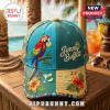 Blue and yellow baseball cap with embroidered macaw parrot Jimmy Buffett text hibiscus flowers and margarita drinks!