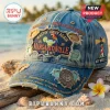 Distressed denim baseball cap with Jimmy Buffett Margaritaville embroidery, lighthouse patch, and parrot graphic!