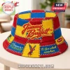 Red blue yellow patchwork bucket hat featuring embroidered 