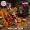 Colorful Day of the Dead sugar skull tequila bottle with intricate floral details, vibrant teal, pink, orange, and purple hues! New product box!